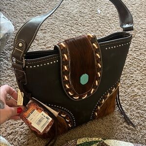 Brown and Black Shoulder Bag with Turquoise Accent